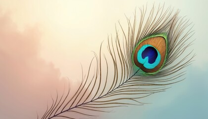 Obraz premium Elegant illustration featuring peacock feather against soft pastel background. Vibrant colors combined with delicate details. Art design expresses beauty, grace, elegance. Perfect for prints, decor,