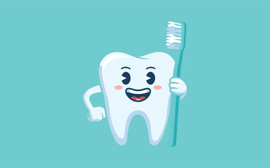Happy Tooth Character Brushing Teeth Vector Illustration