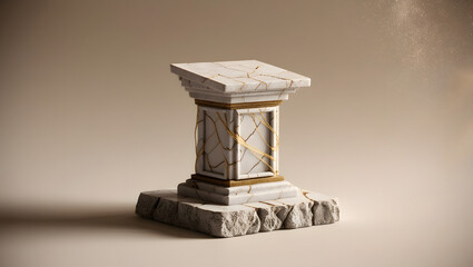 Ancient Podium: A detailed 3D rendering of a weathered marble podium, illuminated by soft light and set against a blurred background, perfect for highlighting achievements and announcements.