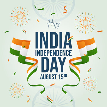 India Independence Day August 15th. Happy India Independence Day with waving ribbon flag fireworks on isolated background