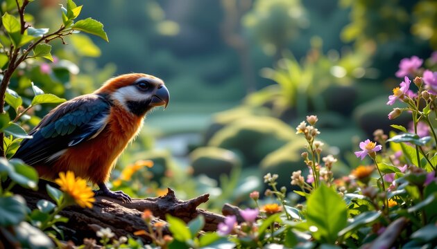 a moment in a vibrant natural setting where a small bird, perched confidently on a branch, gazes dir