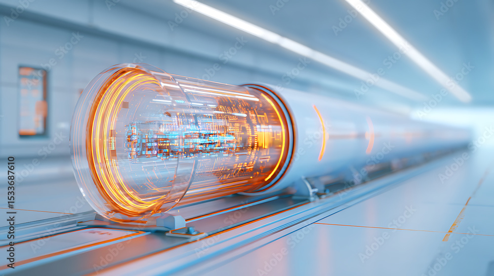 Poster 3d rendering of sci fi theme laboratory glass tube. concept for high tech background artificial inte