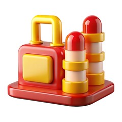 Whimsical red and yellow 3d illustration of abstract geometric shapes and forms