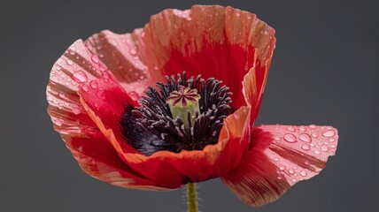 A vibrant red poppy flower with delicate petals and water droplets, showcasing natural beauty.