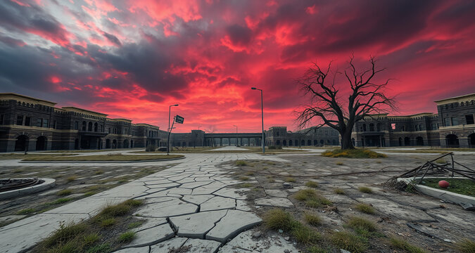 post apocalyptic suburbs deserted eerie atmosphere haunting landscape abandoned buildings under blood red sky desolate urban decay survival tension dystopian world haunting scenery bleak environment s