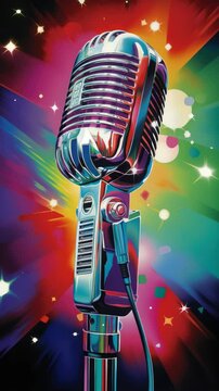 Vibrant retro microphone in colorful pop art style, captured from a low angle, perfect for a dynamic music video theme. Live mobile wallpaper.