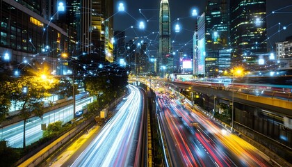 Naklejka premium City streets at night with a network overlay.