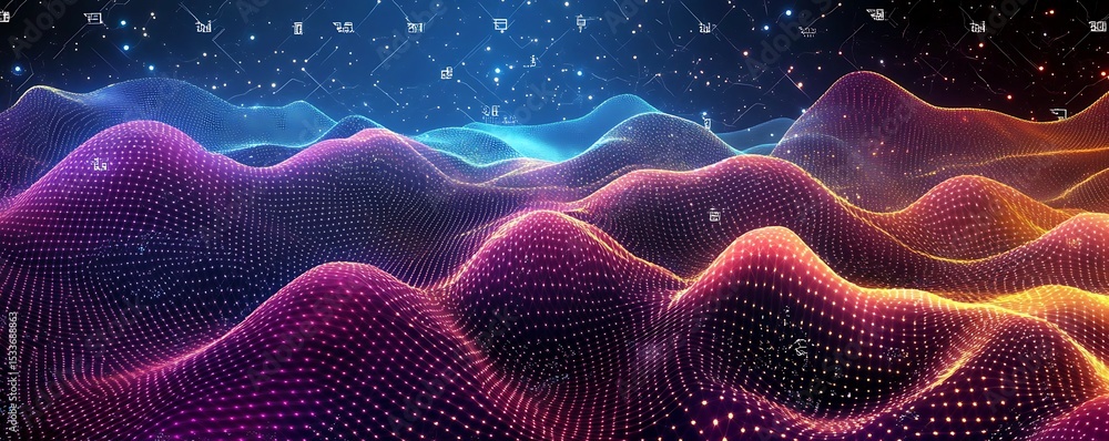 Poster technology modern background with connected dots on 3d wave landscape. data science, particles, digi