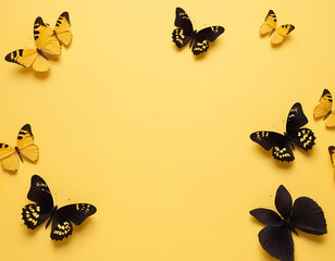 Obraz premium Yellow butterflies and white flowers on a pastel yellow background with free space for copy text