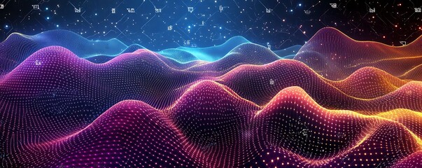 Fototapeta premium Technology modern background with connected dots on 3D wave landscape. Data science, particles, digital world, virtual reality, cyberspace, metaverse concept. . dots connected on the background