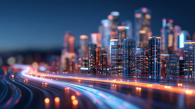 3D Rendering of light path trail running through digital sci-fi hologram buildings in city. For next generation technology fin tech big data machine learning business product background 12042604 1