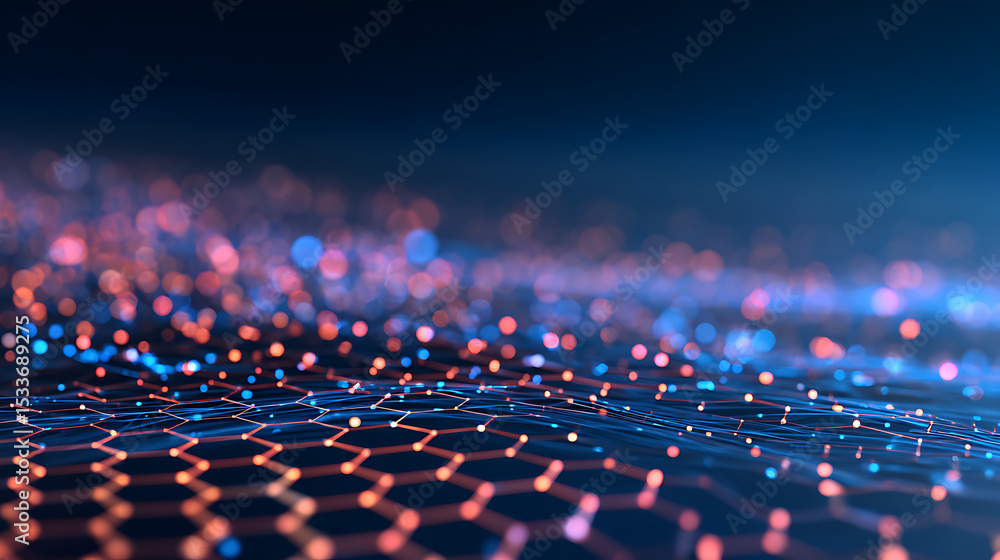 Poster 3d rendering of wavy hexagon shape geometry. glowing dots and lines blue neon color. for technology 