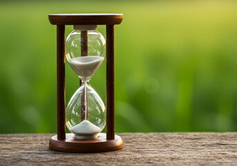 Close up of an hourglass with white sand on a wooden surface against a green blurred background