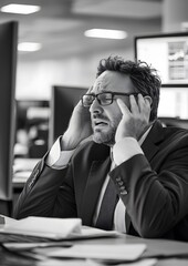 Black and white image of stressed stock trader in empty office