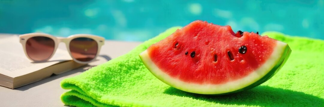 A juicy watermelon slice rests on a vibrant green towel, next to sunglasses and a book, suggesting a refreshing summer break , heat, vacation - Powered by Adobe