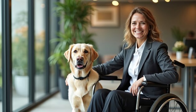Happy businesswoman smiling in wheelchair with assistance dog at office. Smiling lady in business suit poses with Labrador. Inclusive workplace, pet-friendly work environment, support dog,