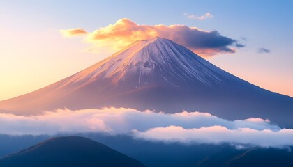 Fototapeta premium Majestic mountain peak bathed in soft sunrise hues.