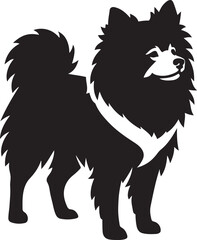 Happy pomeranian silhouette playful design, Fluffy small dog black white art