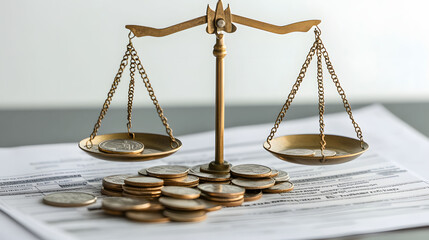 Visual metaphor of balancing scales with coins and tax forms