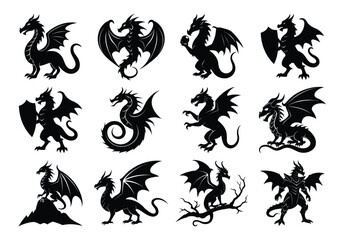 Black Dragon Silhouette Set – Mythical Creature Vector Icons Collection on white background 

