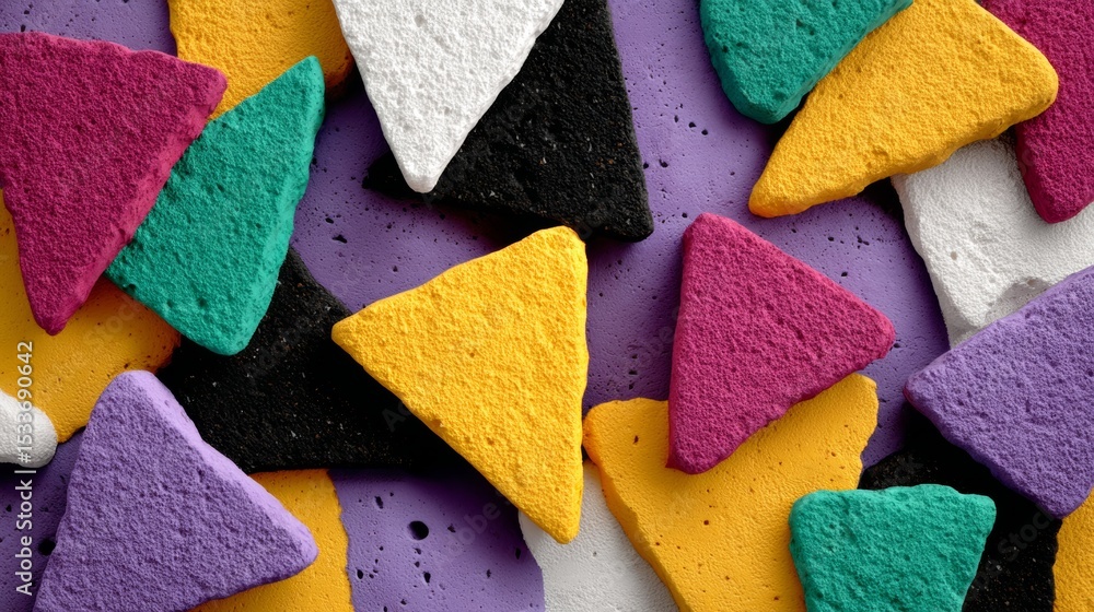 Poster colorful geometric shapes in vibrant hues scattered on a textured surface, showcasing a playful arra