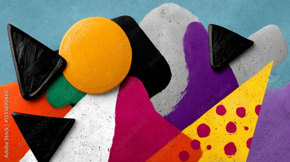 Poster abstract colorful shapes and textures in vibrant hues, featuring geometric forms and playful pattern