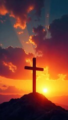 A single, glowing cross silhouetted against a dramatic sunset sky, symbolizing hope, faith, and redemption , darkness, God