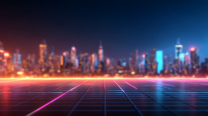 3D Rendering of neon hologram city with line grid floor. Ultra wide resolution. For technology metaverse crypto virtual reality cyber punk game background or wallpaper 56378491 1