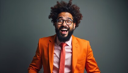 Funny, smiling, laughing man wearing orange suit, glasses, with beard. Joyful male portrait expresses emotions. Happy person with curly hair looks cheerful, celebrates, makes joke, fun. Business,