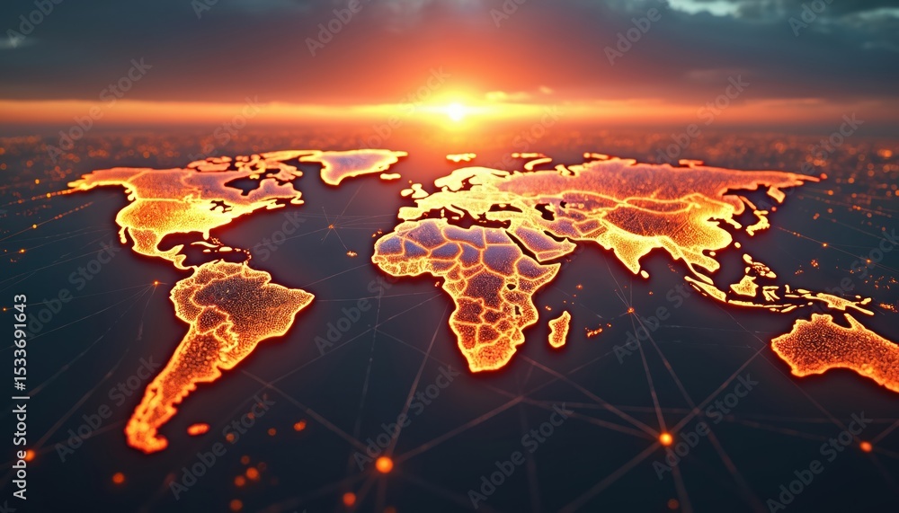 Poster global network connections sunset. illuminated world map with glowing lines, data points symbolize w