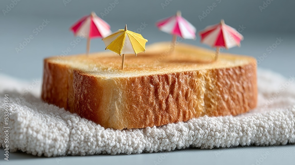 Poster slice of toasted bread with colorful miniature umbrellas placed on top, resting on a soft textured t