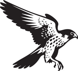 Falcon in flight black white vector art, Powerful bird flying silhouette design