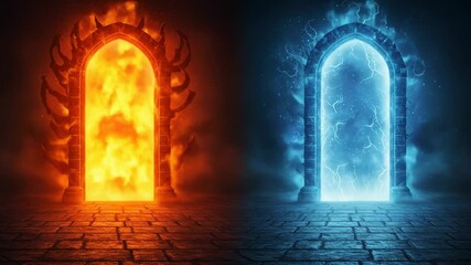 Two doors: one glowing with light to heaven, the other blazing with fire to hell, illustrating good vs. evil

