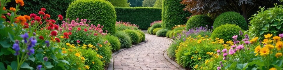 A winding garden path adorned with colorful flowers, lush greenery, and charming stone accents creates a picturesque and inviting walkway , charming, natural