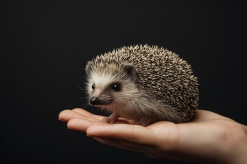 Hedgehog standing on human hand close-up small animal portrait black background captivating concept