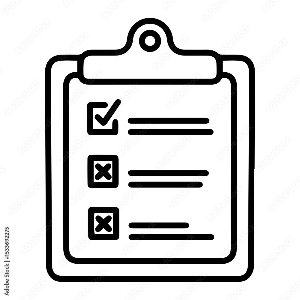 Poster outline style image depicts a clipboard with a paper featuring three checkboxes. first is marked wit