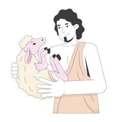 Biblical shepherd tenderly cradling lamb in arms 2D cartoon bible character. Old testament. Compassionate man in toga holding sheep flat vector person isolated on white. Spot illustration colorful