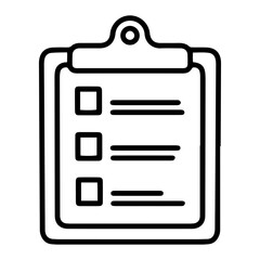 The outline style image depicts a clipboard with a document attached, featuring three lines and empty square checkboxes, denoting a to-do list, general checklist. Related to organization, productivity