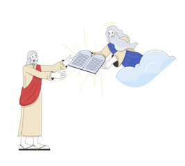 Moses receiving ten commandments from God 2D cartoon bible characters. Divine figure in clouds handing stone tablets to robed man flat vector people isolated on white. Spot illustration colorful