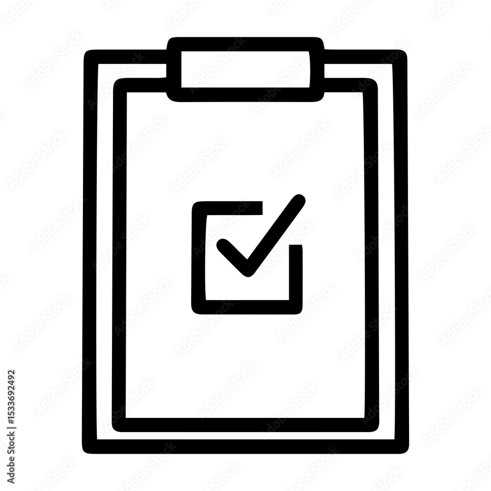 Aufkleber outline style image depicts a clipboard with a paper attached, features a single prominent square ch