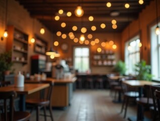 A charming rustic coffee shop interior featuring a soft-focus bokeh effect from hanging lights, creating a cozy and inviting ambiance