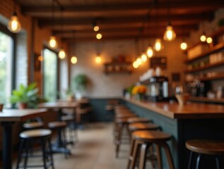 A charming rustic coffee shop interior featuring a soft-focus bokeh effect from hanging lights, creating a cozy and inviting ambiance