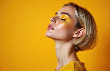 Portrait beautiful young woman with bright yellow eye shadow, eyes closed. Model profile face with stylish make-up, fashionable skin care, fresh cosmetic trend. Blonde hair on yellow background.