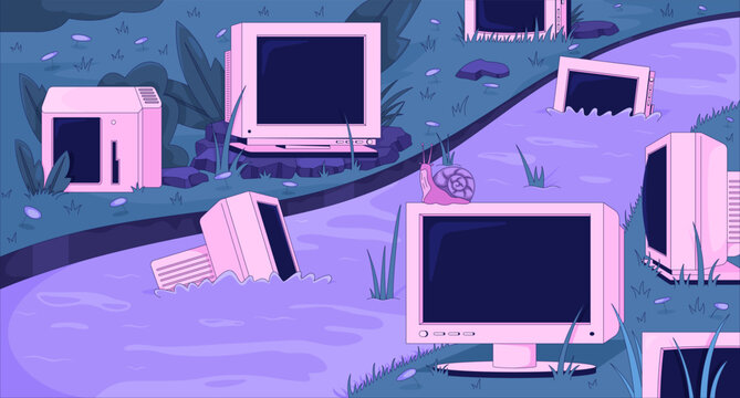 Abandoned CRT monitors in grassy stream lofi wallpaper. Nature reclaiming. Slow technology. Outdated computers swamp 2D cartoon flat illustration. Vector art image lo fi aesthetic color background
