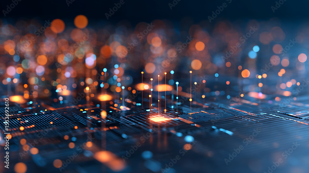 Fototapete 3d rendering of abstract technology background. light reflection of digital dots and lines on glossy