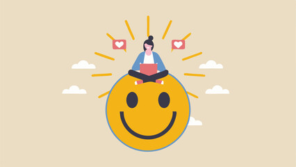 A person with laptop sitting on a large smiley face with hearts and sun rays around them in a light scene