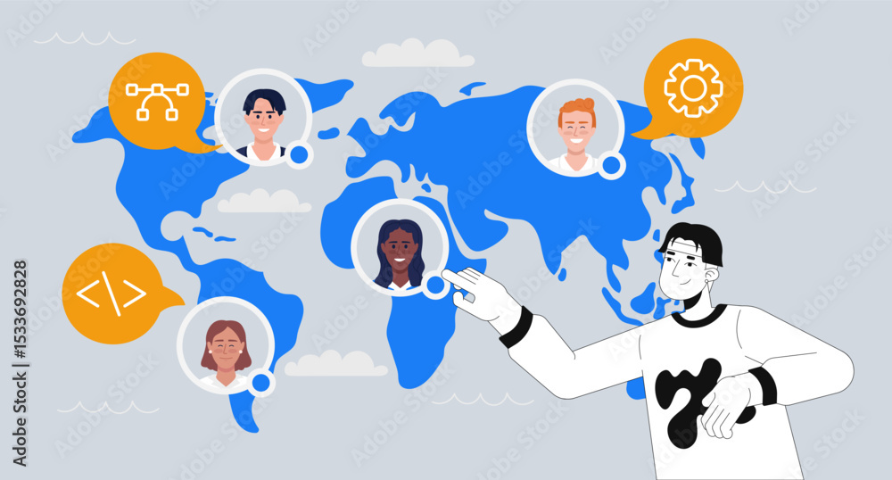 Poster global software development and jobs outsourcing 2d illustration concept. recruiting talent. world m
