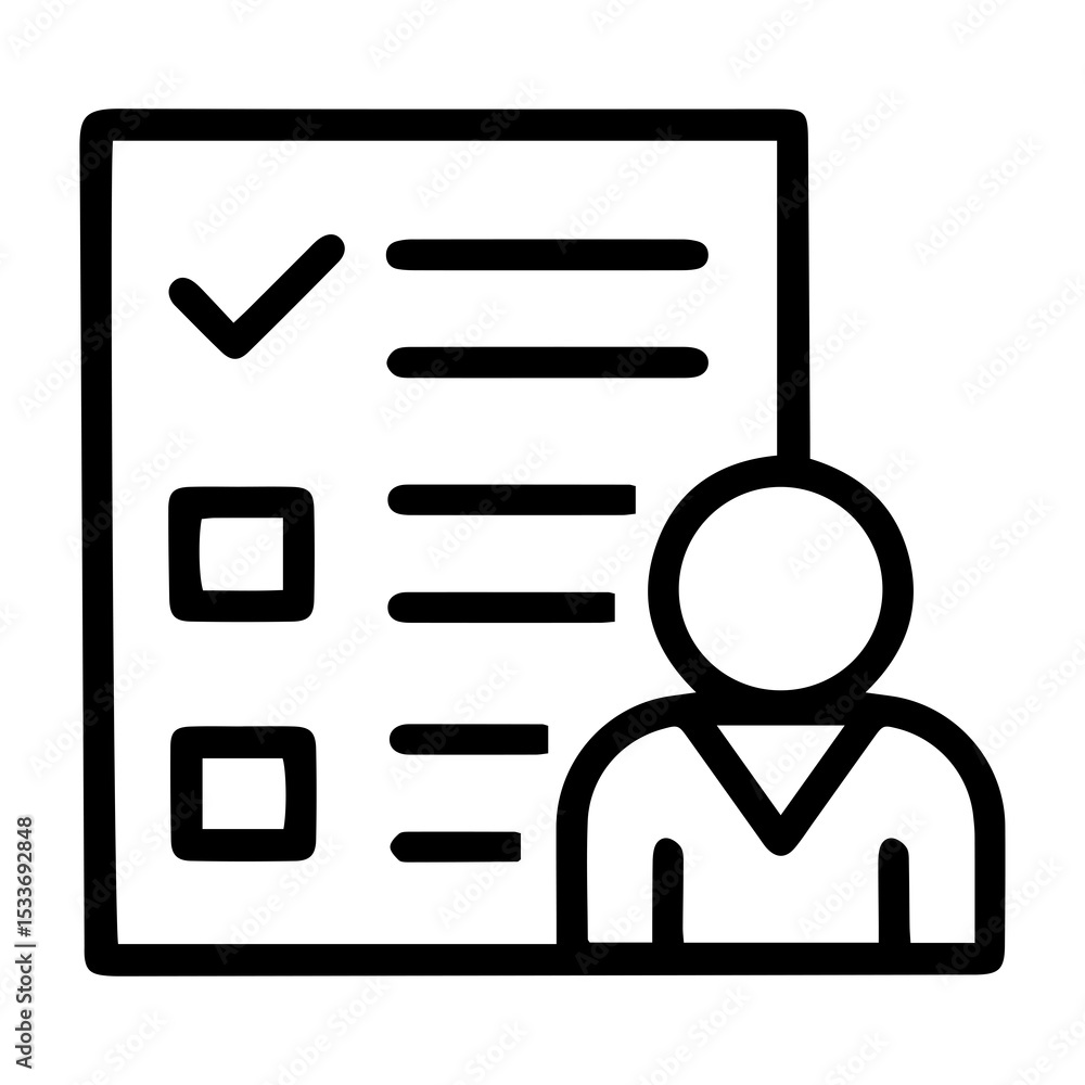 Aufkleber outline style image depicts a checklist paper with one item marked as complete and others pending, a