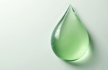 Transparent green tea tree oil serum drop on white. Liquid gel with bubbles. Skincare cosmetics beauty product. Droplet isolated on bright background. Serum texture close up.