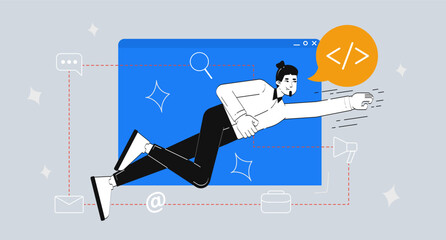 Superhero coder flying out browser window 2D illustration concept. Freelance programmer superpower. Front end web developer cartoon conceptual abstract vector art. Flat metaphor on grey background